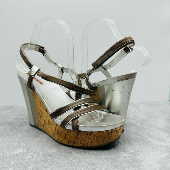 PRADA Platform Sandals Silver Grey Strappy Leather Cork Size US 7 EU 37.5 Italy - Picture 1 of 12